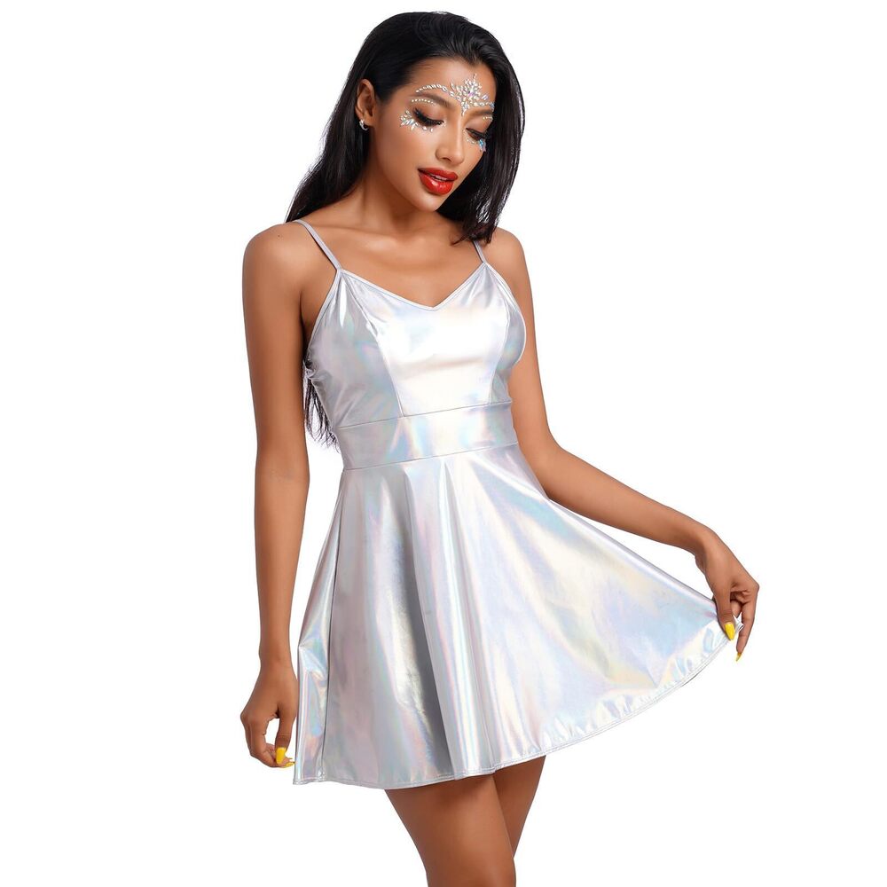 7445 Shiny Holographic Sleeveless V-Neck High Waisted Rave Disco Dance